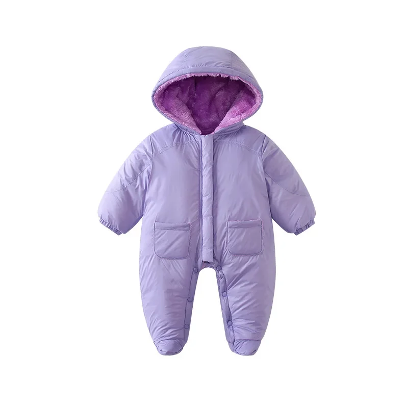 2024 Newborn Girl Jumpsuit Thickened Warm Baby Cute Matching Winter Solid Color Hooded Coat with Zipper New Clothing Outerwear