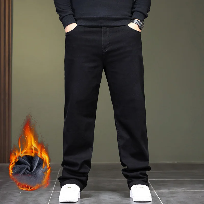 Autumn Winter fleece-lined jeans large size straight men plus size jeans black large size youth elastic long trousers 48 8xl