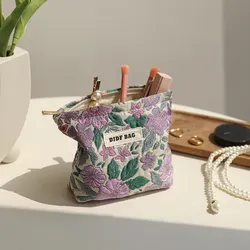 Women's Makeup Bag Small Vintage Purple Flower Large Capacity Cosmetic Lipstick Storage Bag Portable Coin Purse Commuter Clutch