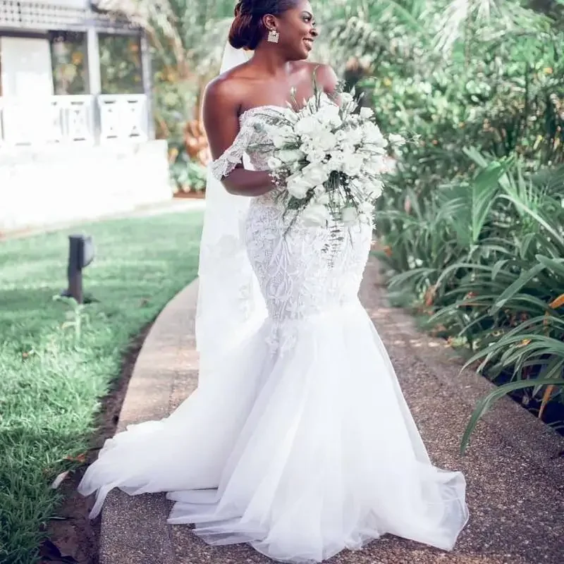 Customized African Mermaid Wedding Dresses Plus Size Off The Shoulder Lace Appliques Bridal Gowns For Black Girls Tulle Vestidos