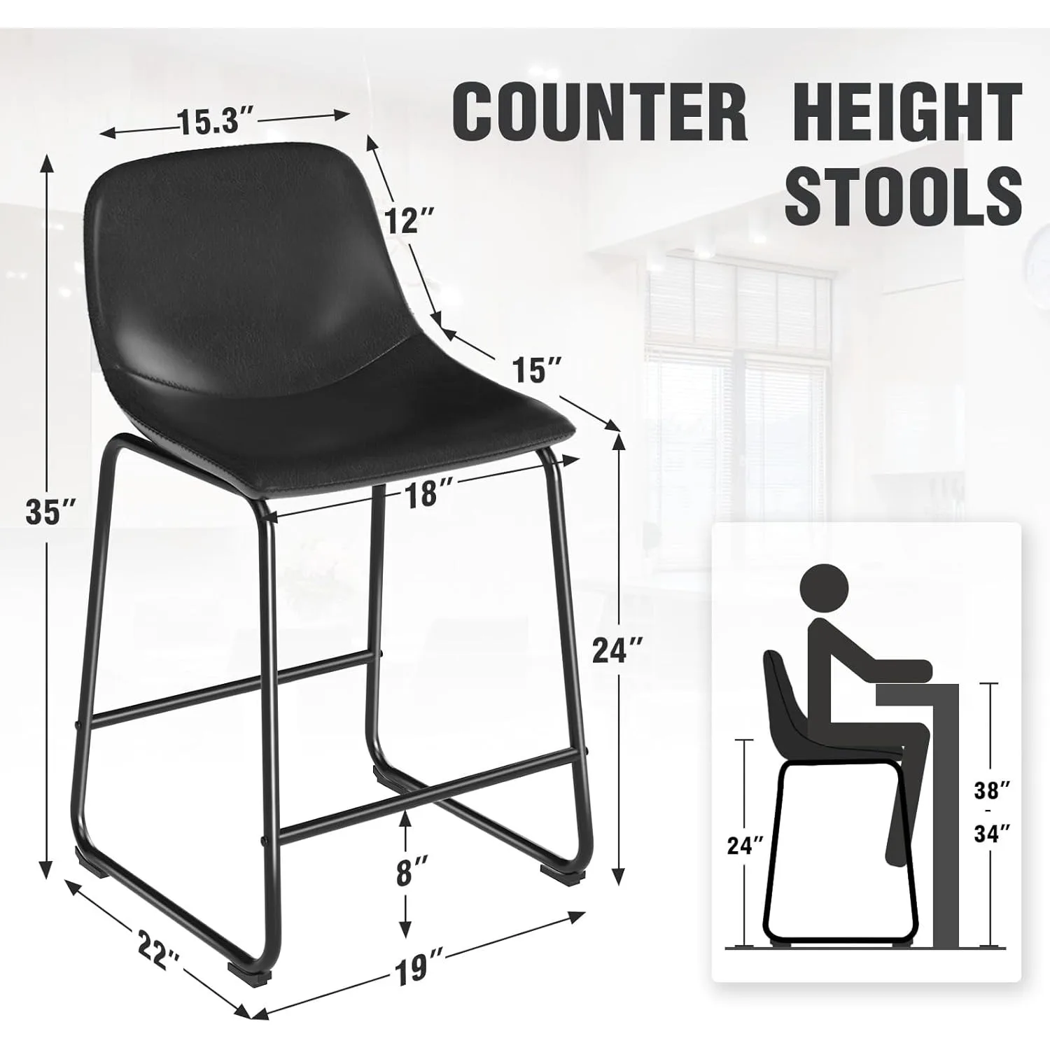 Juego de 2 sillas de comedor, taburetes sin brazos con altura de mostrador y respaldo de hasta 500 libras para el hogar, cocina, comedor, negro