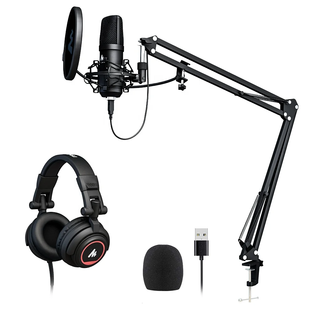MAONO Kit de Soporte de Micrófono Metálico Negro con Micrófono Plegable para Auriculares, Kit de Micrófonos para Videojuegos, Micrófonos de Condensador para Gamers