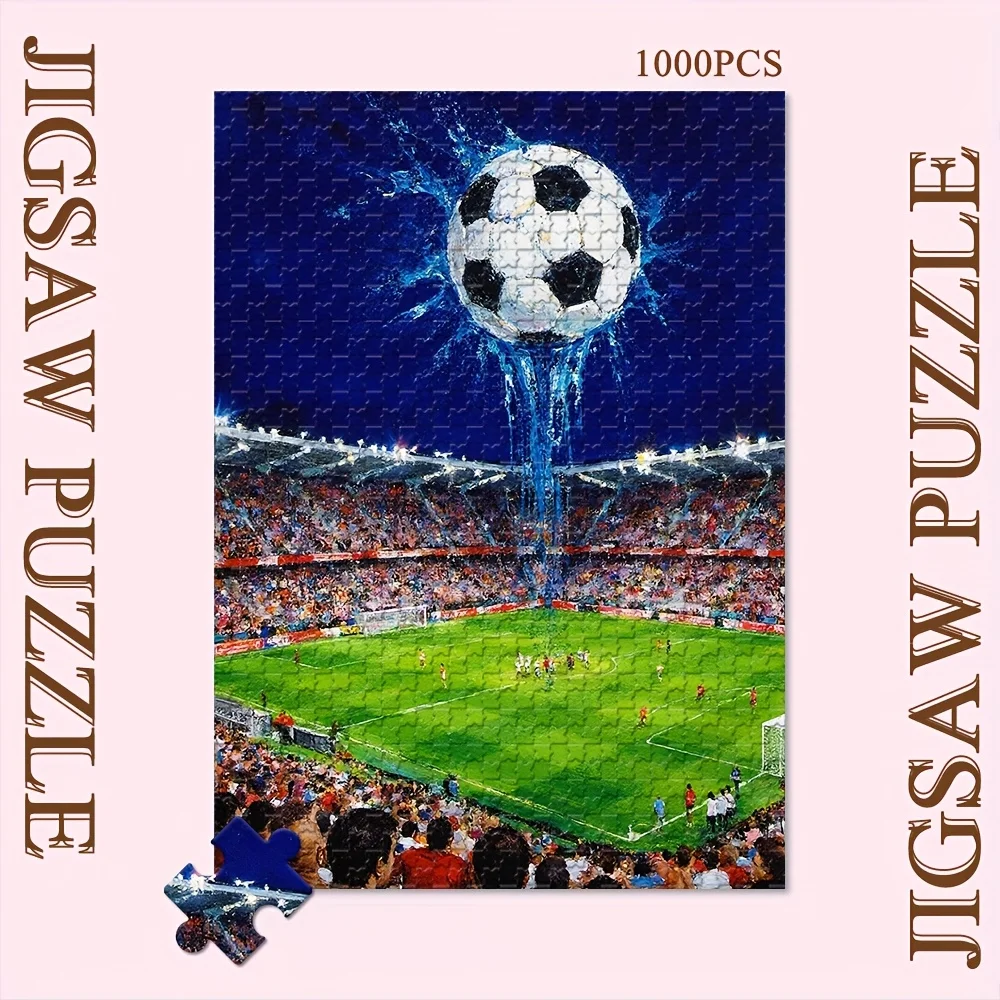 1000 قطعة من أحجية الصور المقطوعة تتميز ملعب كرة القدم - تصميم رذاذ منتصف الهواء، عمل فني ملون لمباراة كرة القدم، مثالي لغرفة الألعاب