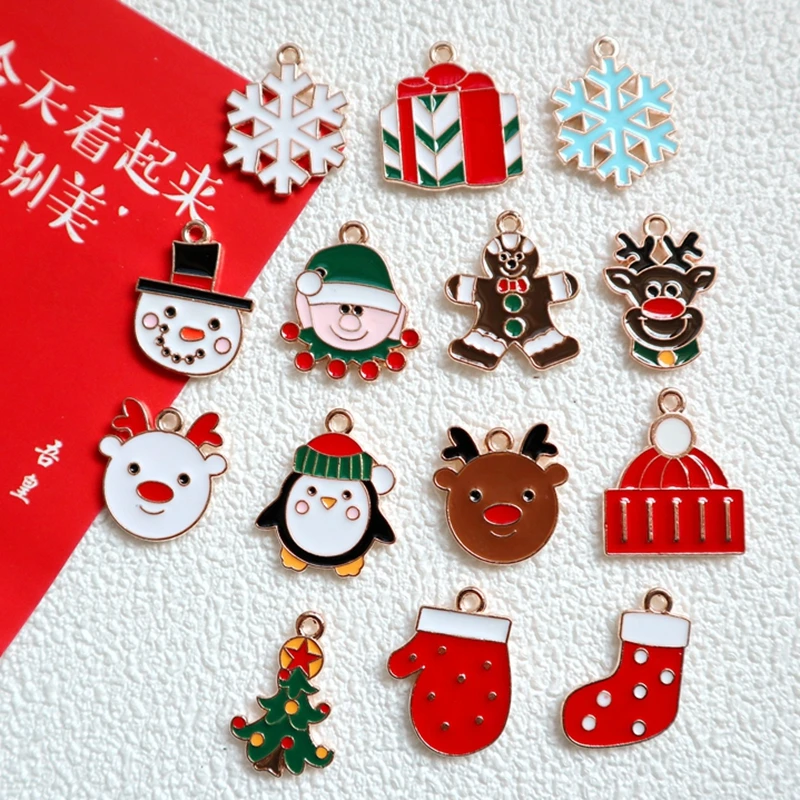 10PCS Mini Alloy Enamel Pendant Christmas Snowflake Gift Penguin Deer Gloves Socks DIY Necklace Earrings Bracelet Accessories