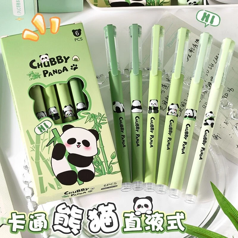 6Pcs/set Kawaii Panda Needle Type Gel Pens 0.5mm Straight Liquid Ballpoint Pen Writing tools Stationery School Office Supplies