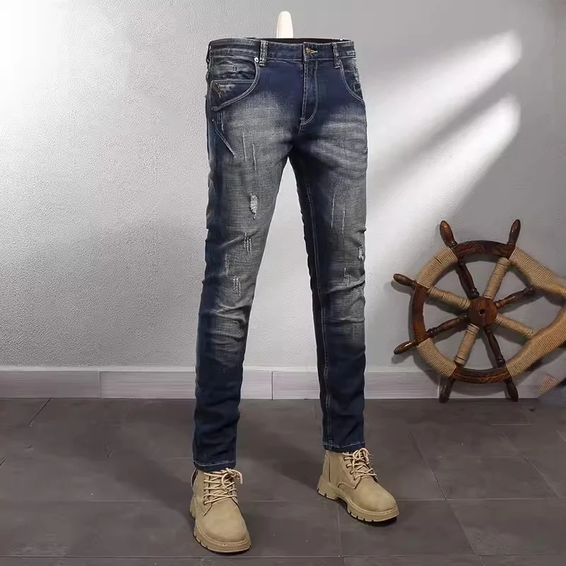 

Fashion Designer Men Jeans High Quality Retro Black Blue Stretch Slim Fit Ripped Jeans Men Spliced Designer Vintage Denim Pants