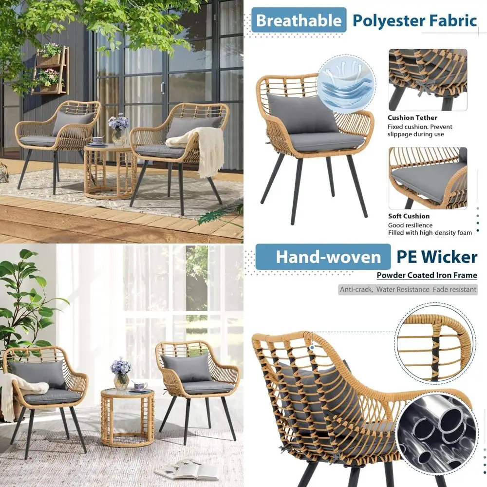 

Outdoor 3-Piece Bistro Set: Wicker Chairs with Round Side Table for Patio, Balcony, Poolside Conversations