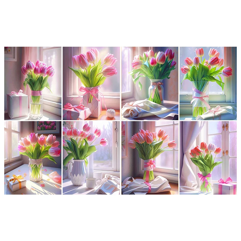 RUOPOTY Diy Painting By Numbers Pink Tulip Acrylic Paints Painting By Number Flower Painting Wall Decor