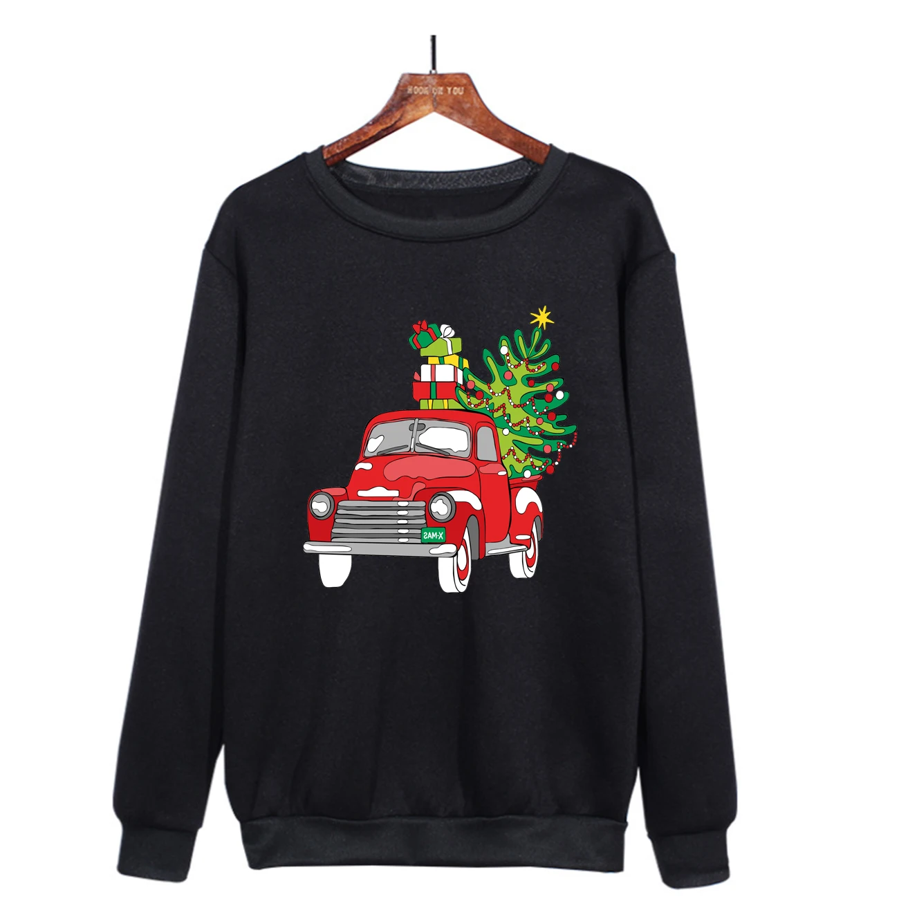 Happy Christmas Tree and Car Print Long Sleeve Hoodie Casual Men and Women Can Wear Daily Street Crewneck Hoodie