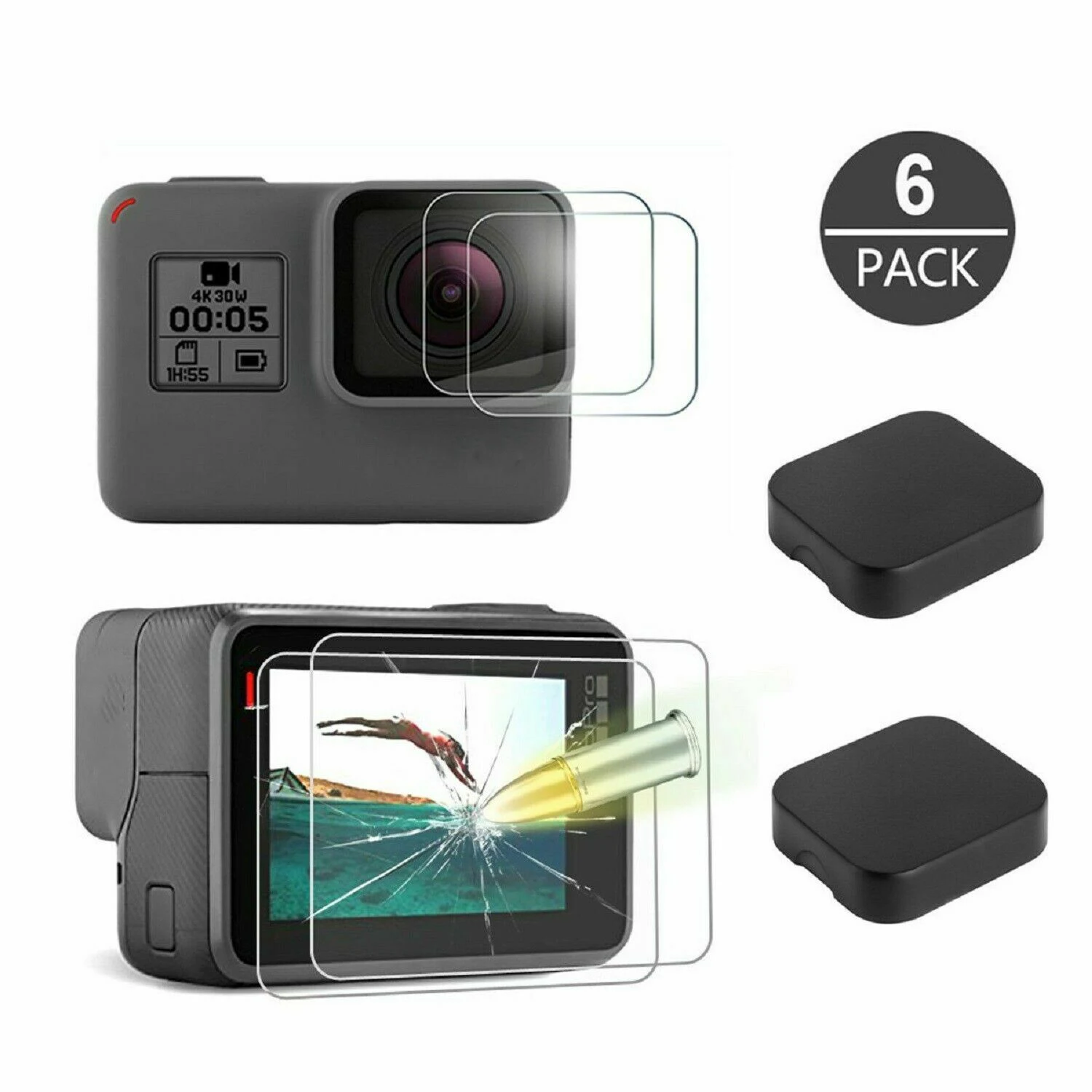 6 szt. Osłona ekranu ze szkła hartowanego Osłona obiektywu do GoPro Hero 7 6 5 czarna