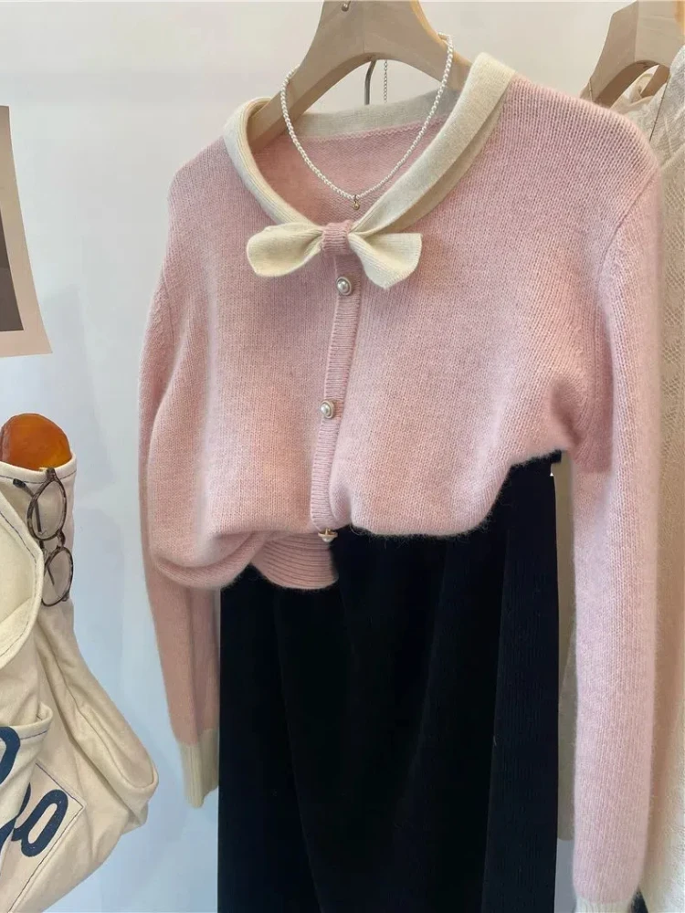 Arctic Velvet Autumn Winter 2024 New Pink Small Bow Collar Raccoon Long Sleeve Knitwear Sweater Contrast Top