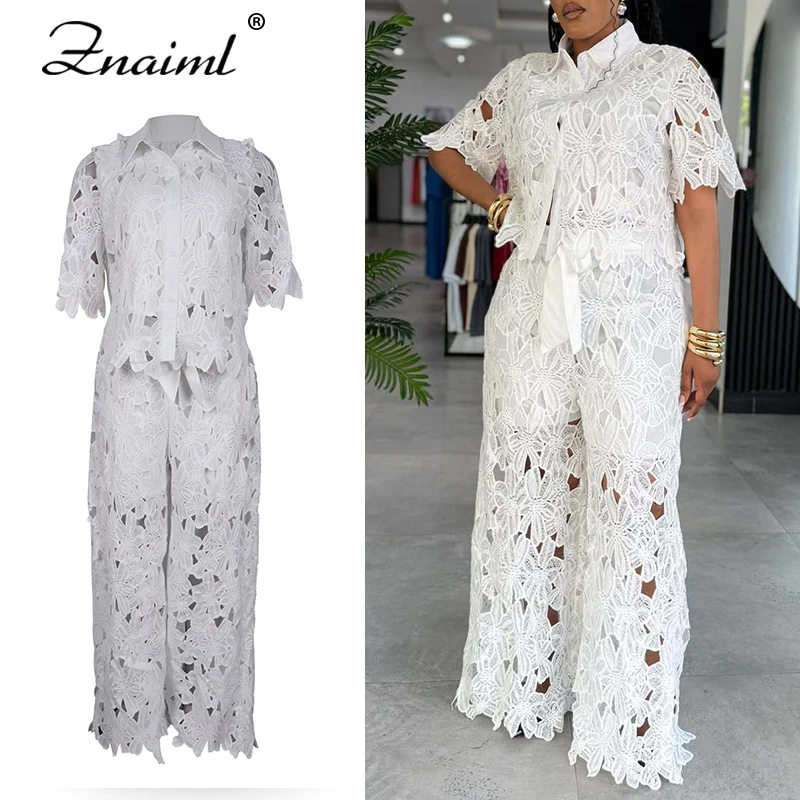 

Znaiml женский комплект из 2 предметов, кружевной укороченный топ с короткими рукавами и широкие брюки с вышивкой, бандажный клубный наряд на день рождения