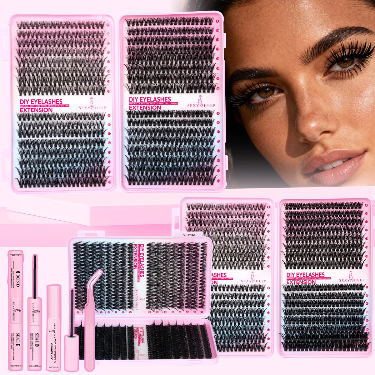 مجموعة مجموعات الرموش مع غراء تثبيت قوي لتقوم بها بنفسك طقم تمديد الرموش لاش السندات وختم ملاقط رمش قابلة لإعادة الاستخدام