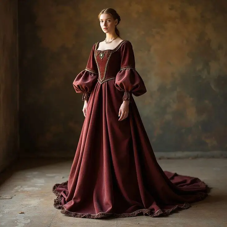 

Vintage Victorian Baroque Evening Dresses Scoop Neckline Long Sleeves Renaissance Prom Gown Women Tudor Masquerade Costumes