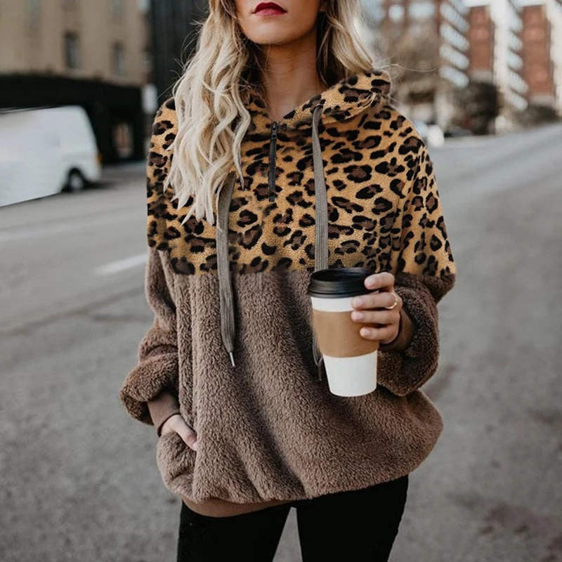 Women\'s Thick Hooded Sweatshirt Autumn Winter Leopard Printing Zipper Loose Blouse