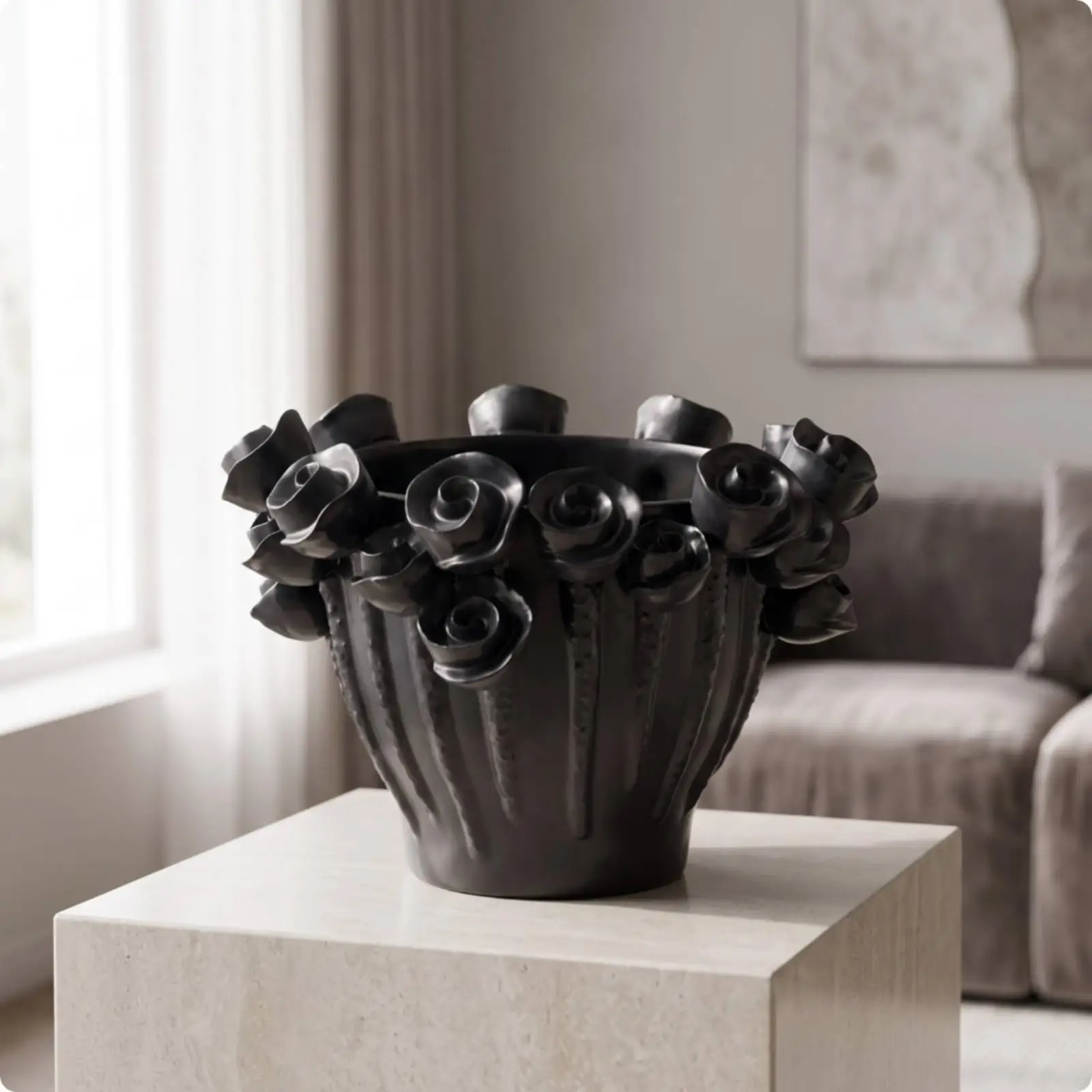 Modern Ceramic Vase with Intricate Floral Carvings and Matte Speckled Texture for Gallery Wall Decor Accent Piece