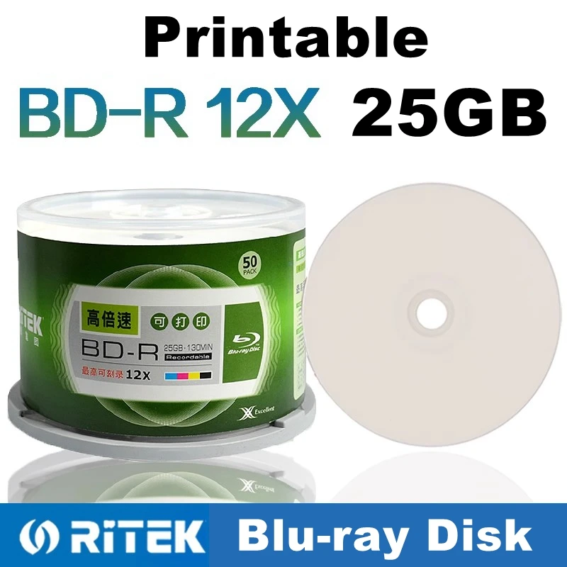 50 قطعة/صندوق Ritek BD-R 25 جيجابايت قرص بلو راي فارغ قابل للطباعة 1-12X 130 دقيقة تسجيل قرص بلو راي