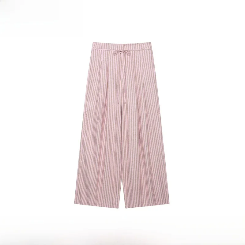 Fashionable Striped Mix-Fiber Belted Pants for Women New Arrival Spring Summer Natural Waist Zipper Straight Leg Micro Stretch