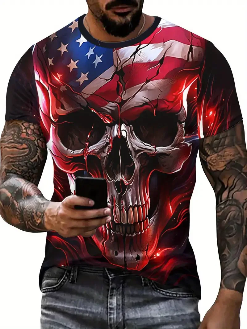 2024 New Plus-Size Men's 3D Skull Graphic Print T-Shirt Summer, Outdoor Sports Short Sleeve Personality T-Shirt For Men