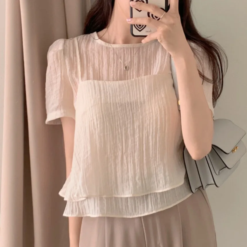 

Chic Summer Gentle Wind round Neck Two-Piece Set Bubble Sleeve Texture Sensation Chiffon Top Women's Fashion Loose Fit Short ...