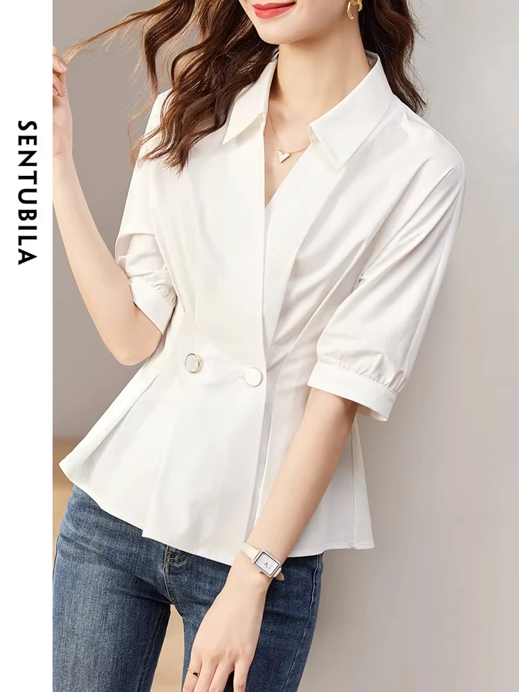 SENTUBILA Women\'s Short Sleeve White Shirts 2024 Straight Loose Fit V Neck Button Fashion Summer Tops Elegant Shirts & Blouses