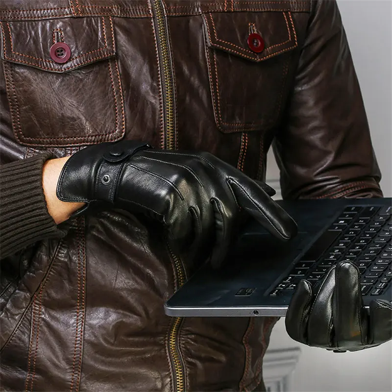 Men's Classic Black Sheepskin Real Leather Gloves Thermal Plush Lined Wrist Buckle Fashion Driving Gloves XC-108M