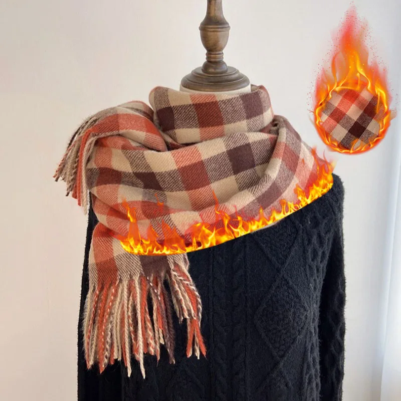 

Winter Imitation Cashmere Plaid Scarf for Women Korean Style Retro Checkered Neck Warmer Two Way Thick Shawl for Daily Wear