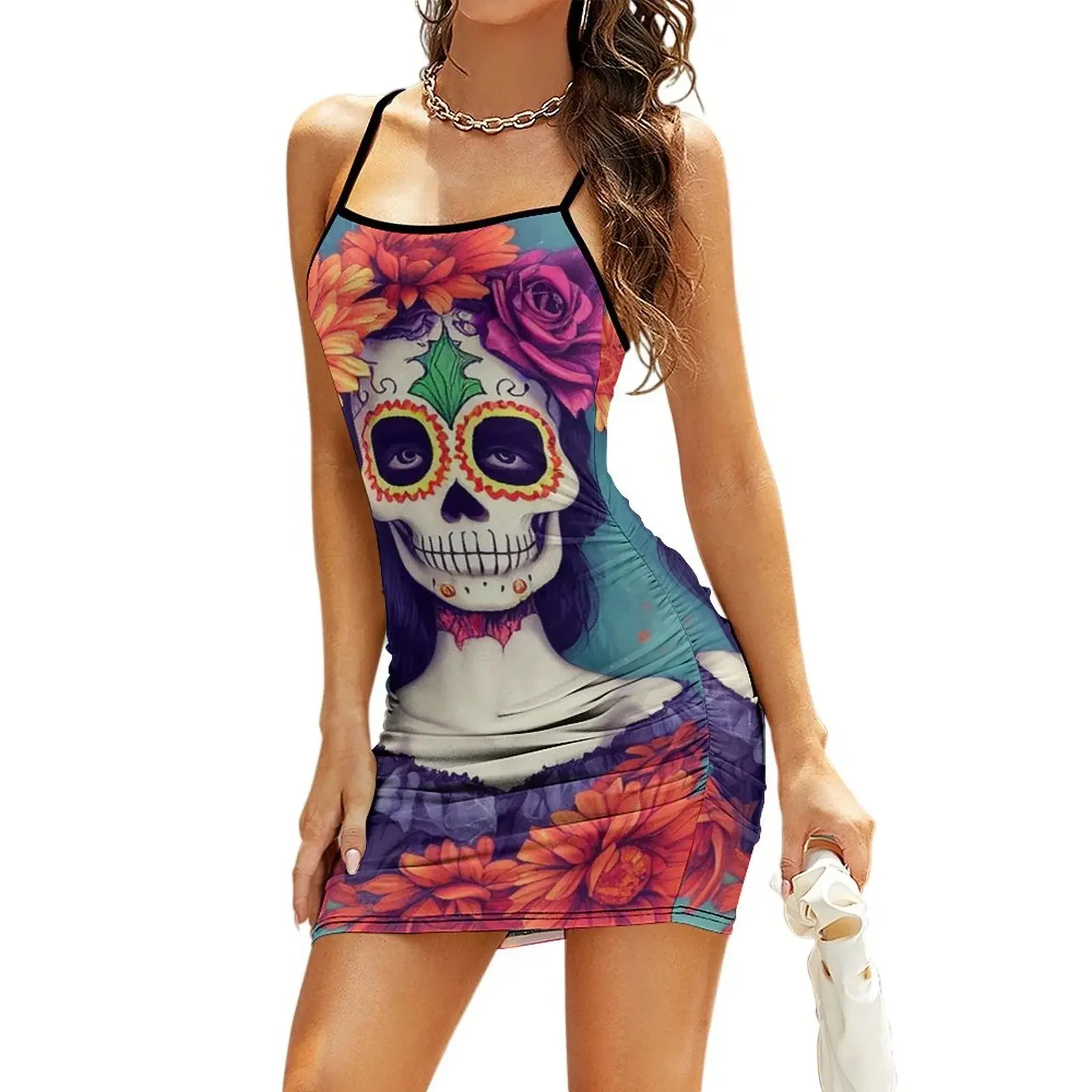 

SUGAR SKULL FLOWER PORTRAIT Sling Dress evening dresses women Evening gown evening dress ladies Dress