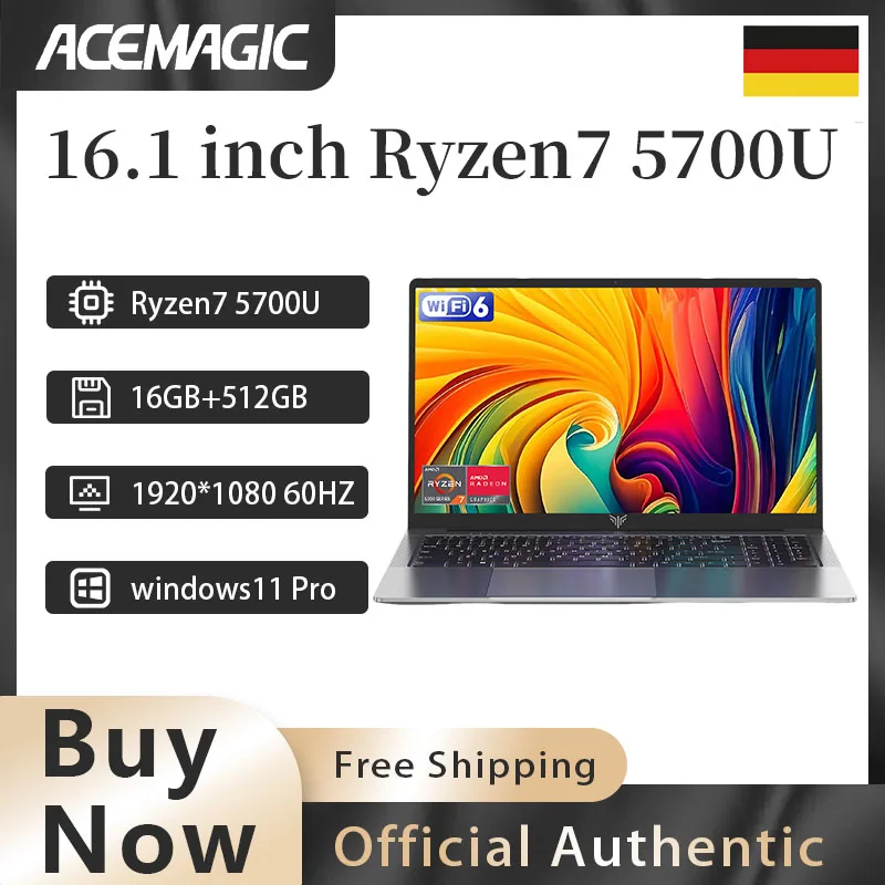 كمبيوتر محمول للألعاب ACEMAGIC مقاس 16.1 بوصة Ryzen 7 5700U DDR4 16GB SSD 512GB لعبة عمل محمولة 4.3 جيجا هرتز لوحة مفاتيح بإضاءة خلفية 1920 * 1080 Win11