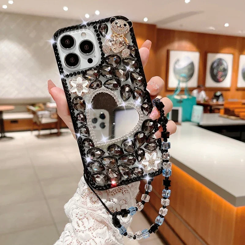 Glitter Diamond Bling Mirror Phone Case for Xiaomi Redmi 9A, 9C, Note8, 9Pro, Note10S, Note11 Pro, 12Pro, Makeup Mirror, Heart