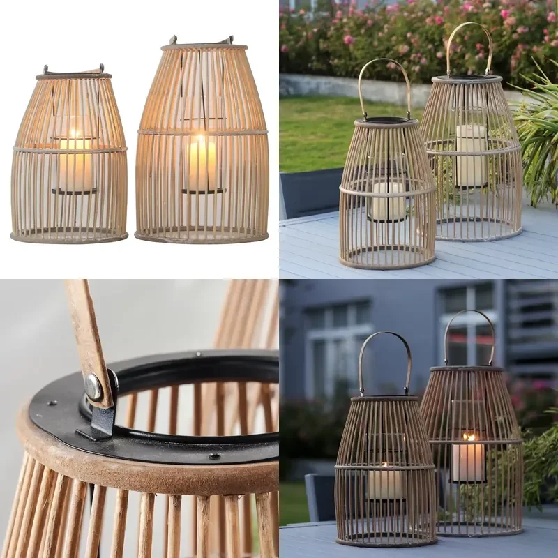 for  Rattan Weaving Storm Lantern Bamboo Candlestick with Handle Outdoor Indoor Wooden Lanterns  Home Decoration