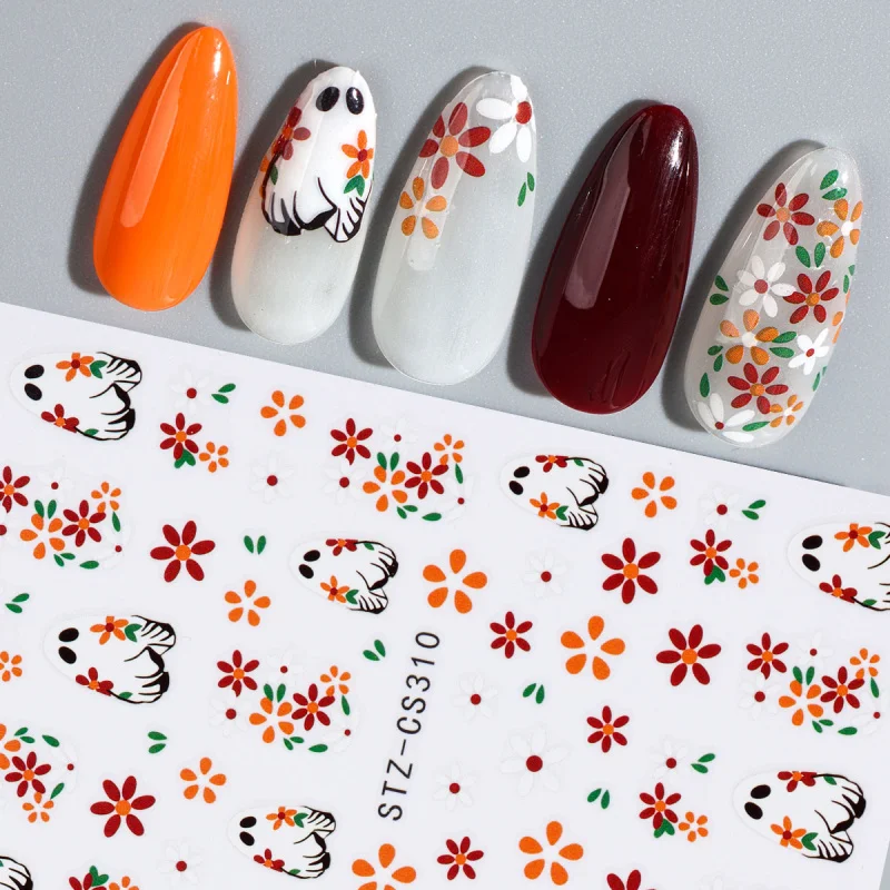 2 pezzi adesivi per nail art 3D Halloween fantasma spettrale e fiore decalcomanie autoadesive per cursori disegni simpatici cartoni animati per manicure festive