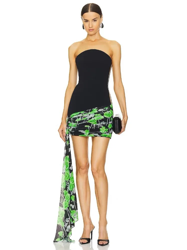 

2025 Women Sexy strapless Patchwork Midi Bodycon Black Dress Birthday Party Costume Bar Nightclub Stage Performance Clothing