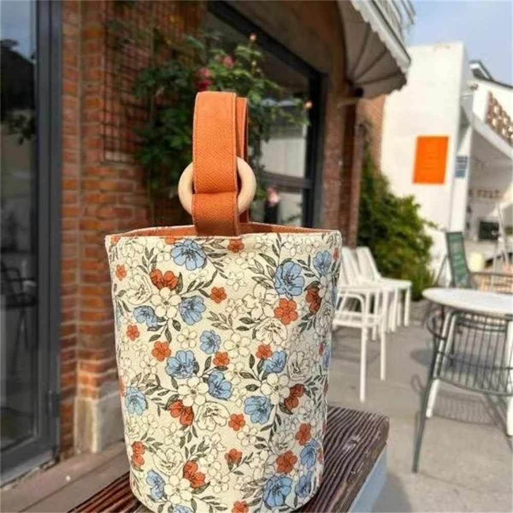 

Retro Floral Printed Canvas Bento Bag Cylinder Bucket Shopping Bag Mommy Large Capacity Handbag Portable Out Work Lunch Tote Bag