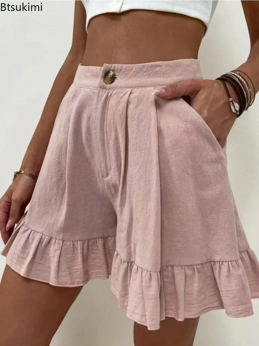 2026 Women's Summer Casual Shorts Solid Loose Fitting Wide Leg Shorts With A Line Ruffle Trim Cotton Linen Soft Shorts Female