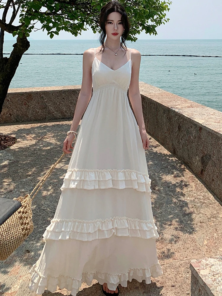 Women Korean Vintage Luxury Ruffled Long Dress Summer Solid Elegant V-Neck Sling Dress 2026 New Bodycon Festival Evening Dresses