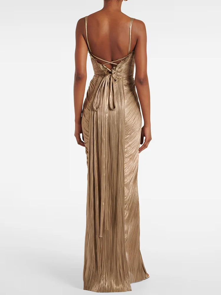 فستان ماكسي أنيق بحزام سباغيتي صيفي للسيدات، فستان حفلات أنيق بدون أكمام برباط للعطلات، فستان أنيق للسيدات لعام 2025 بدون ظهر