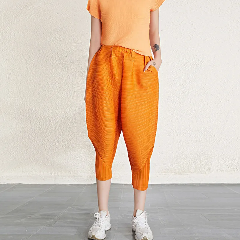 

Casual Pants For Women 45-75kg Summer New High Waist Elastic Loose Miyake Pleated Solid Colour Harem Trousers