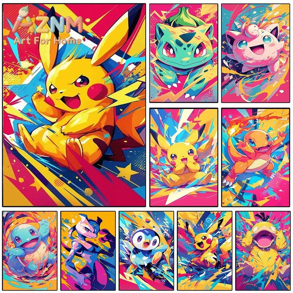 Pokemon Anime Canvas Wall Art No Frame Pop Art Burst Style Pikachu Bulbasaur Squirtle Print Poster for Bedroom Living Room Hom