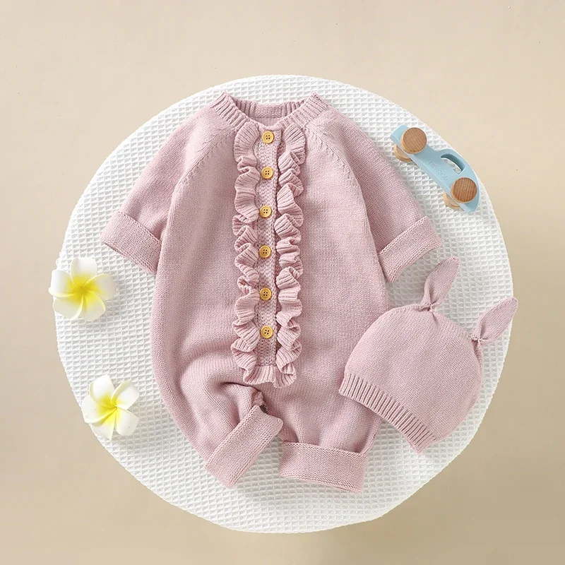 

Infant Baby Rompers Knit Newborn Girl Boy Jumpsuit Long Sleeve Autumn Toddler Child Clothes Hat 0-18M Fashion Solid 2PC Overalls