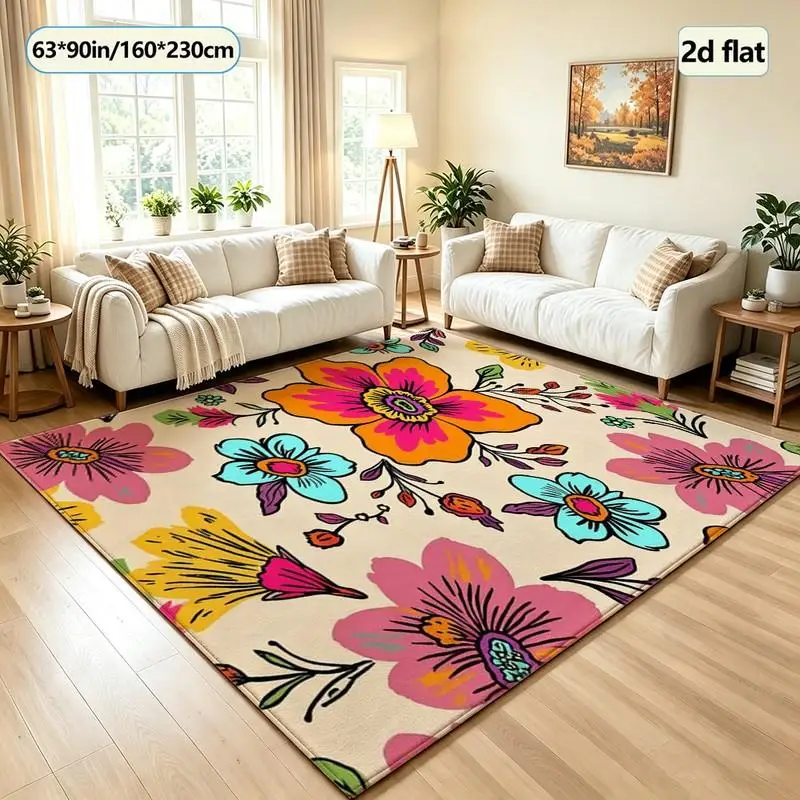 Colorful Boho Floral Art Carpet Flooring, Bright Hand Drawn Flower Area Rug for Living Room Bedroom Home Decor