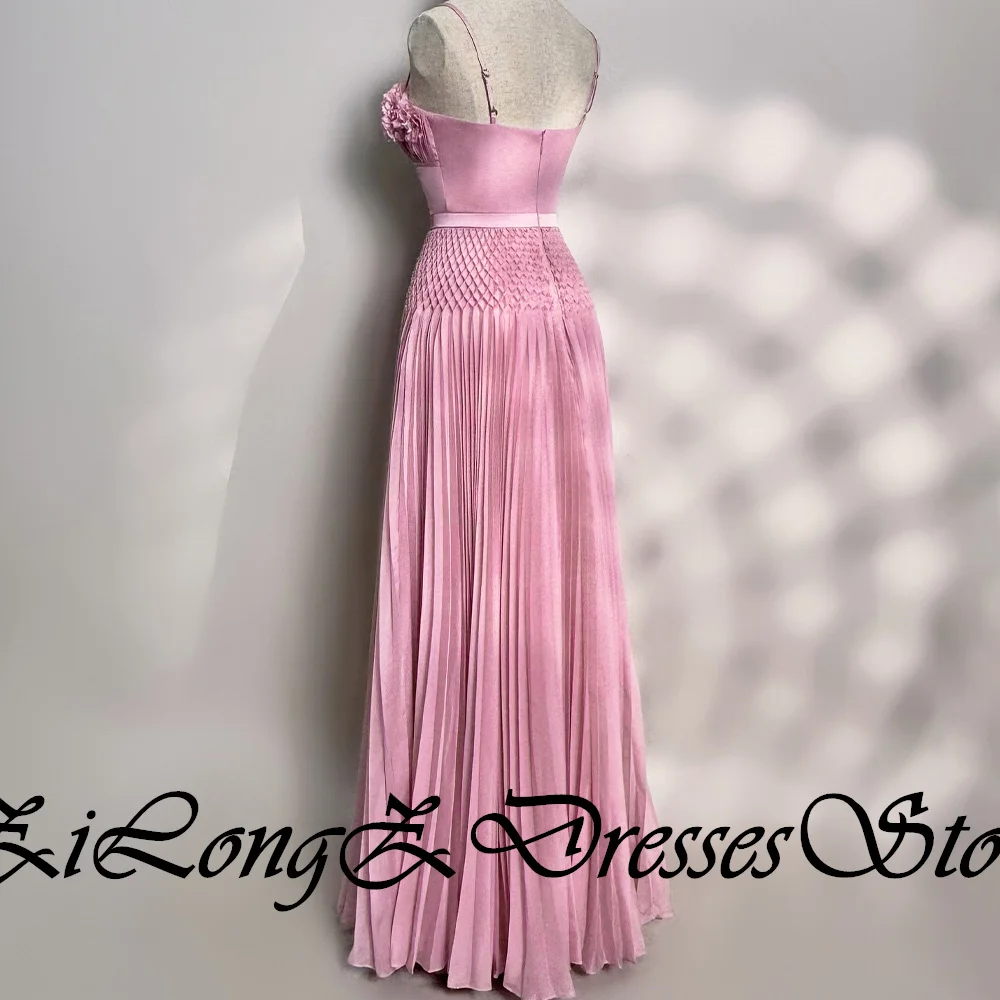 Customized Exquisite Pink Chiffon 3D Flowers whit Pearl and Crystal Evening Dress Sexy V-Neck Spaghetti Straps A-Line Party Gown