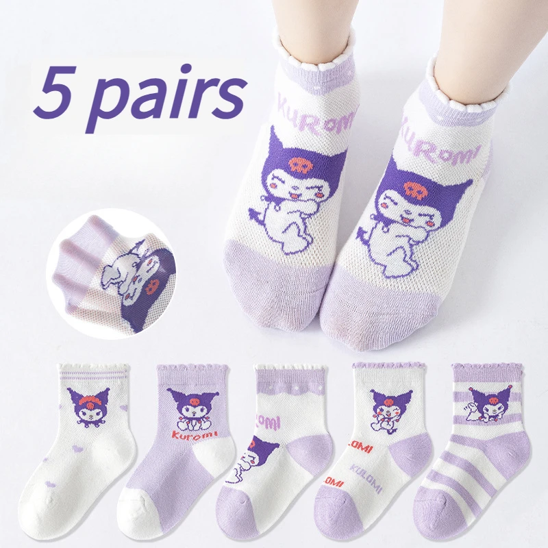 

5 Pairs Sanrio Kuromi Kids Socks Kawaii Summer Cartoon Children Mid-calf Cotton Mesh Breathable Mesh Thin Sock for Girls Gifts