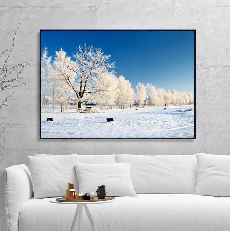 Winter Snow Landscape Pine Forest Mountain Poster Canvas Painting Nature Scenery Wall Art Pictures Home Living Room Decor