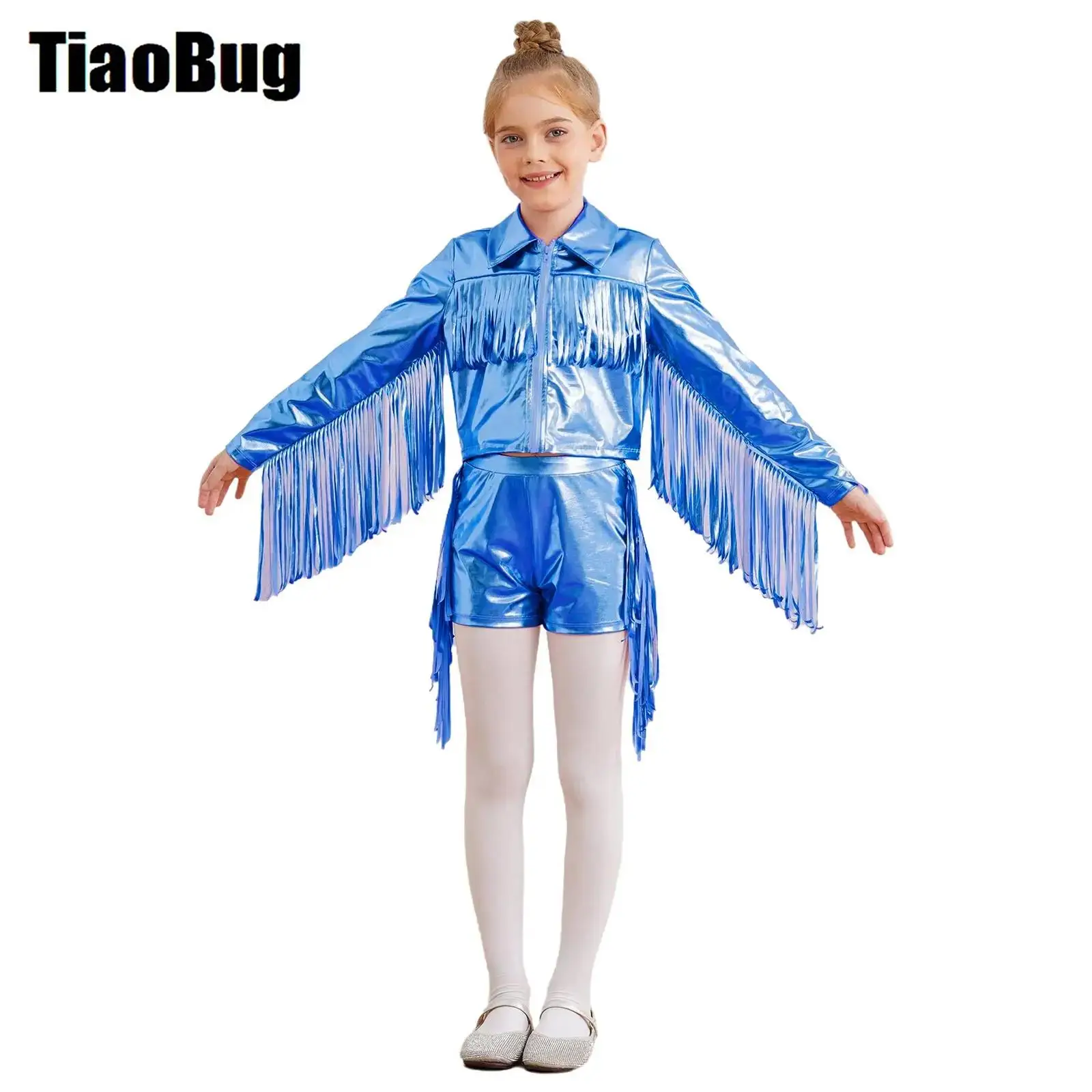 

Kids Girls Tassels Dance Sets Metallic Tops Turn-Down Collar Long Sleeve Zipper Fringe Shiny Jacket with Shorts for Party