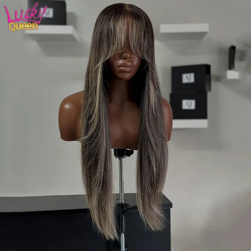 Imagen 2 del producto Rubio ceniza 1B reflejos rectos con flequillo pelucas de cabello humano transparente Pre desplumado encaje Frontal brasileño para mujeres 180Densidad