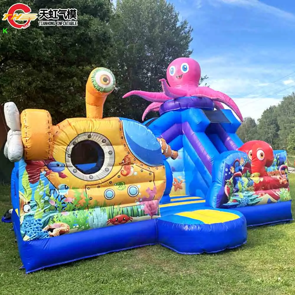 Zamek dmuchany z motywem Sea World, zjeżdżalnia, plac zabaw, 6x5m, wytrzymały, dmuchany zamek z ośmiornicą, zjeżdżalnia i przeszkodami.