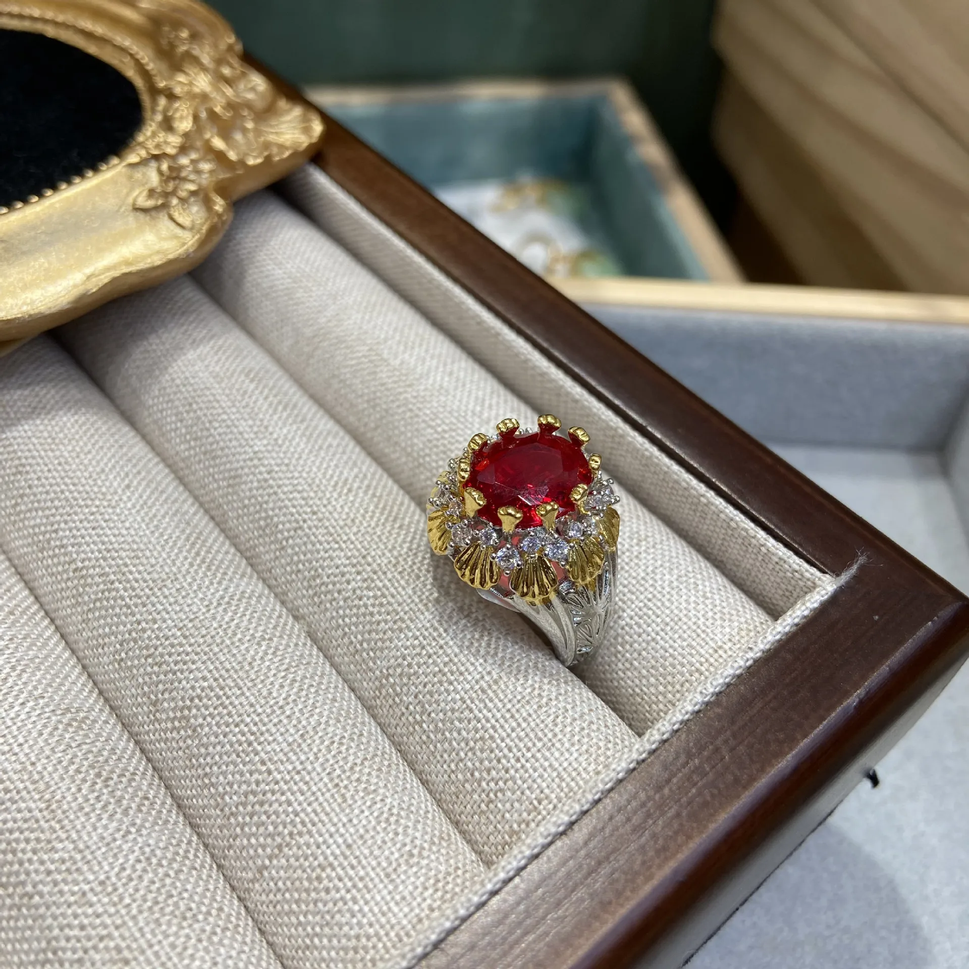 Women Vintage Engraved Gold Rupee Ruby Crown Ring 2025