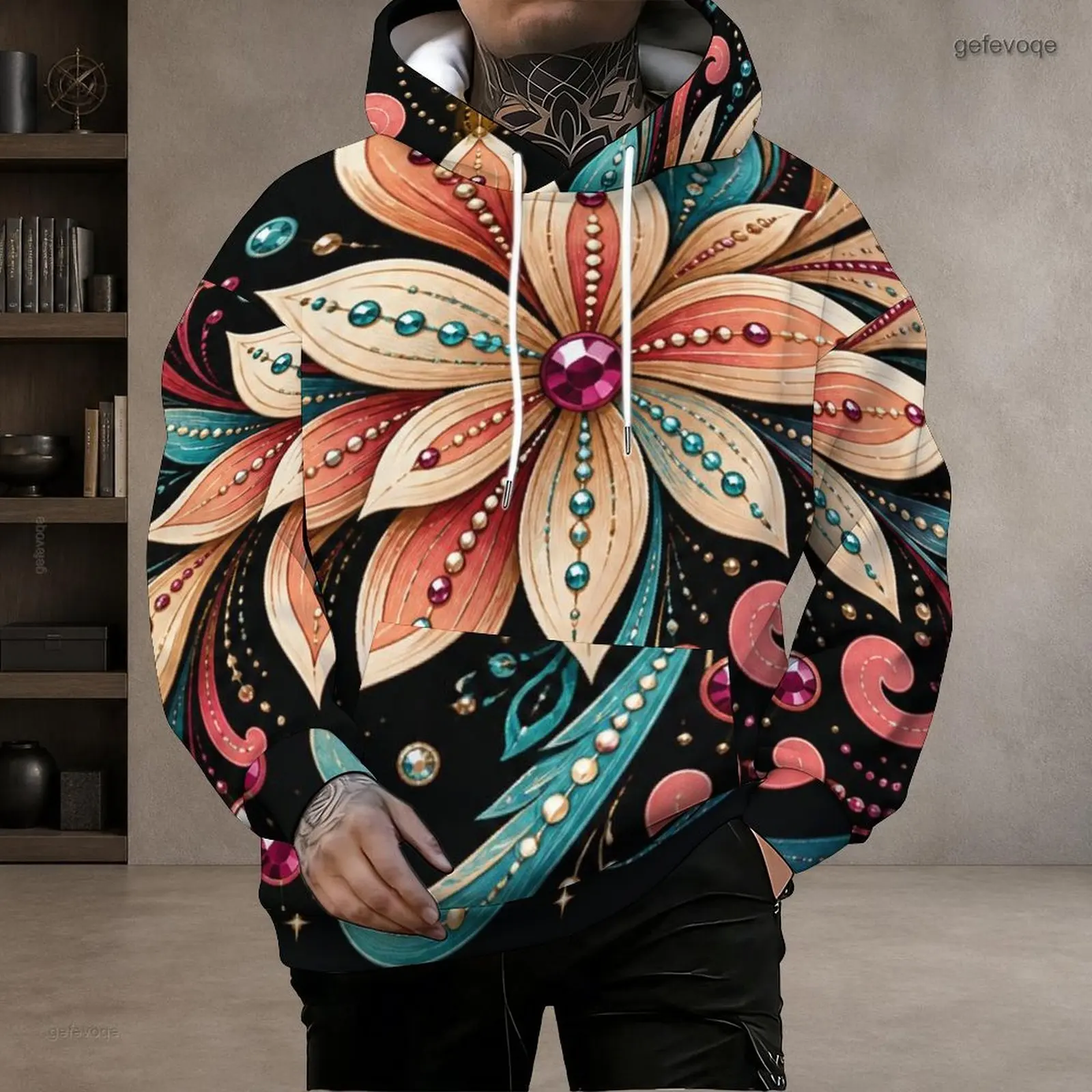 Men Printed Ornate Jewel Floral Mandala Pattern Long Sleeve Pullover Hoodie