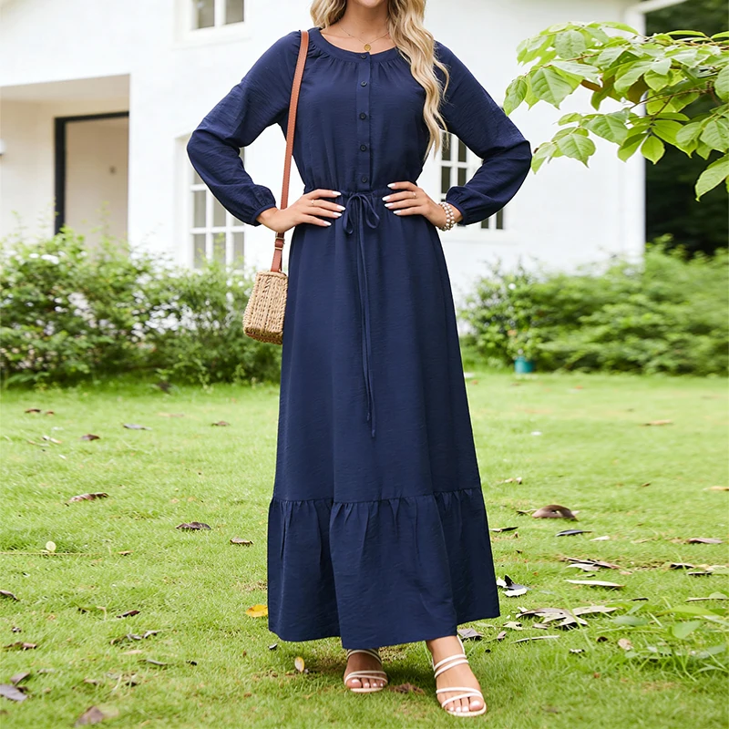 Elegant Lady's Solid-color Dress Modest Half-open Front A-shaped Skirt Drawstring Tie Design Daily Work or Casual Outfit S-2XL